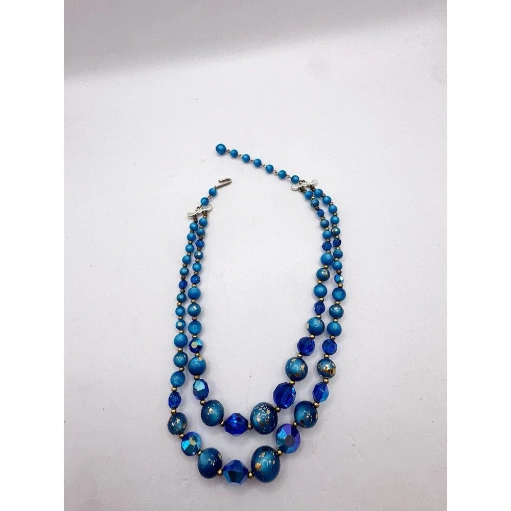 Vintage MCM Peacock Blue Iridescent Two Strand Beaded Necklace Glass Gold Fleck